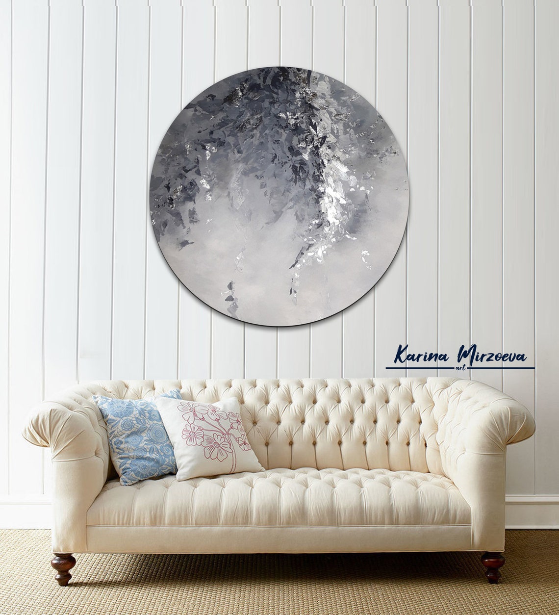 Round Wall ArtCanvas Silver Painting Large Geometric Painting Etsy