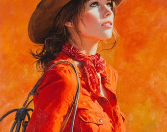 Original oljemålning: Porträtt av västerländsk cowgirl - Texas väggkonst