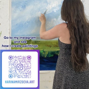May include: An artist painting a landscape with blue sky and green fields. The image includes the text "Go to my Instagram and see how I create paintings" and a QR code that links to KARINAMIRZOEVA.ART.
