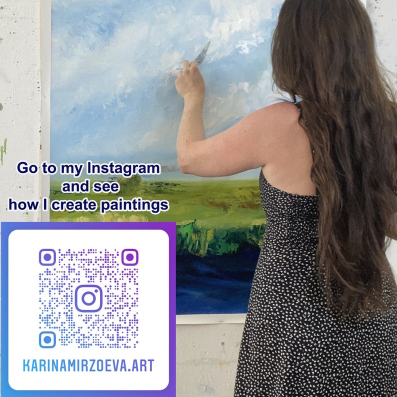 May include: An artist painting a landscape with blue sky and green fields. The image includes the text "Go to my Instagram and see how I create paintings" and a QR code that links to KARINAMIRZOEVA.ART.