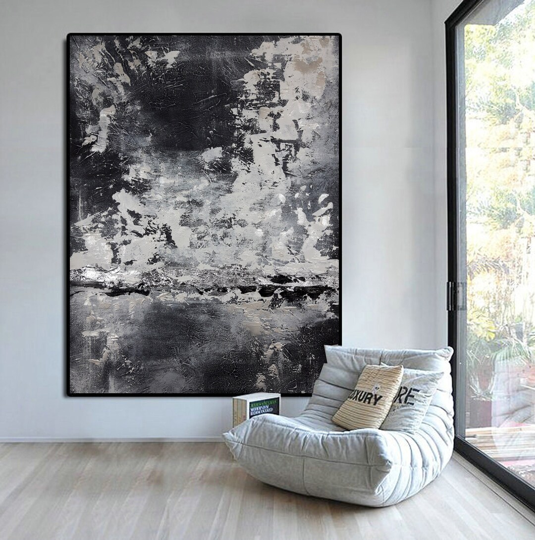 Black and White Abstract Canvas Painting, Large Wall Art, Textured Art ...