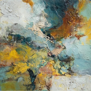 Strukturierte Landschaft, Mixed Media Wandkunst, Blaugrün Gold Moderne Leinwand, Erdtöne Original Kunstwerk