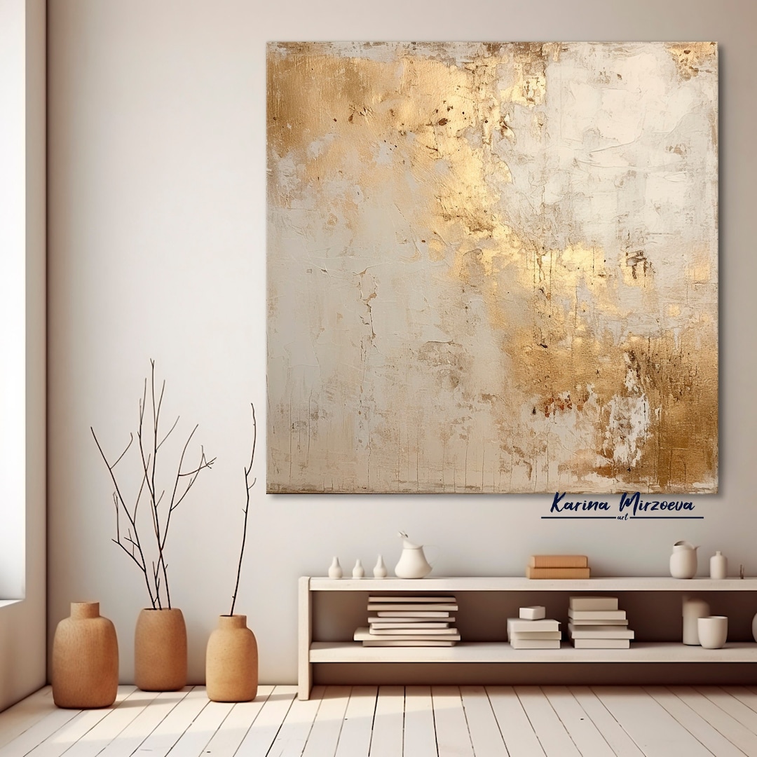 Gold Leaf Abstract Painting: White Textured Acrylic Canvas Art - Etsy