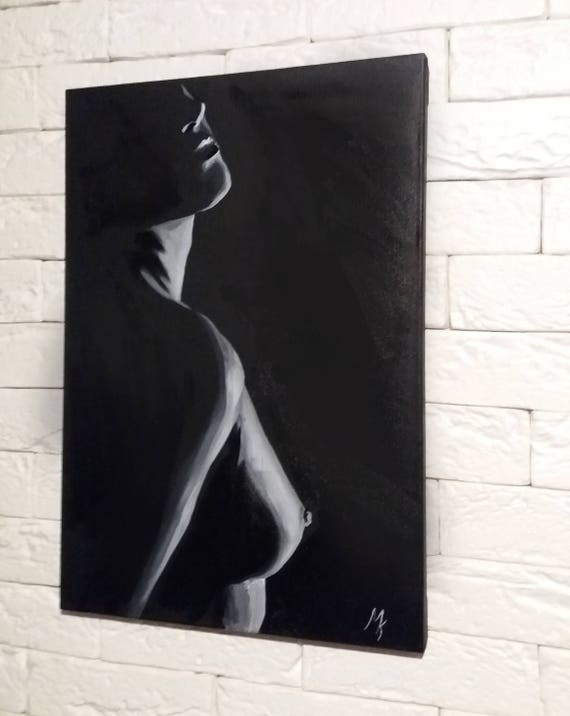 Black And White Erotic Tits - Nude woman Gift for him Female nude Women's breasts Oil Painting Black and  white painting erotic nudity Boobs Canvas Wall art