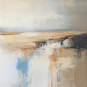 May include: Abstract landscape painting with a neutral color palette. The artwork features a textured surface with shades of beige, brown, gray, and white. The composition evokes a sense of calm and serenity, with a horizon line and reflections.