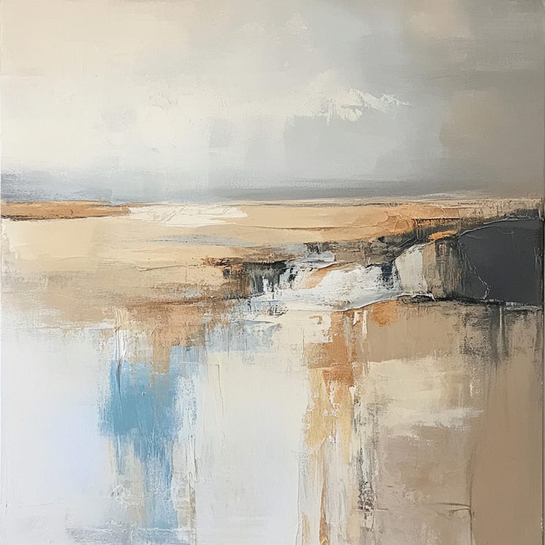 May include: Abstract landscape painting with a neutral color palette. The artwork features a textured surface with shades of beige, brown, gray, and white. The composition evokes a sense of calm and serenity, with a horizon line and reflections.
