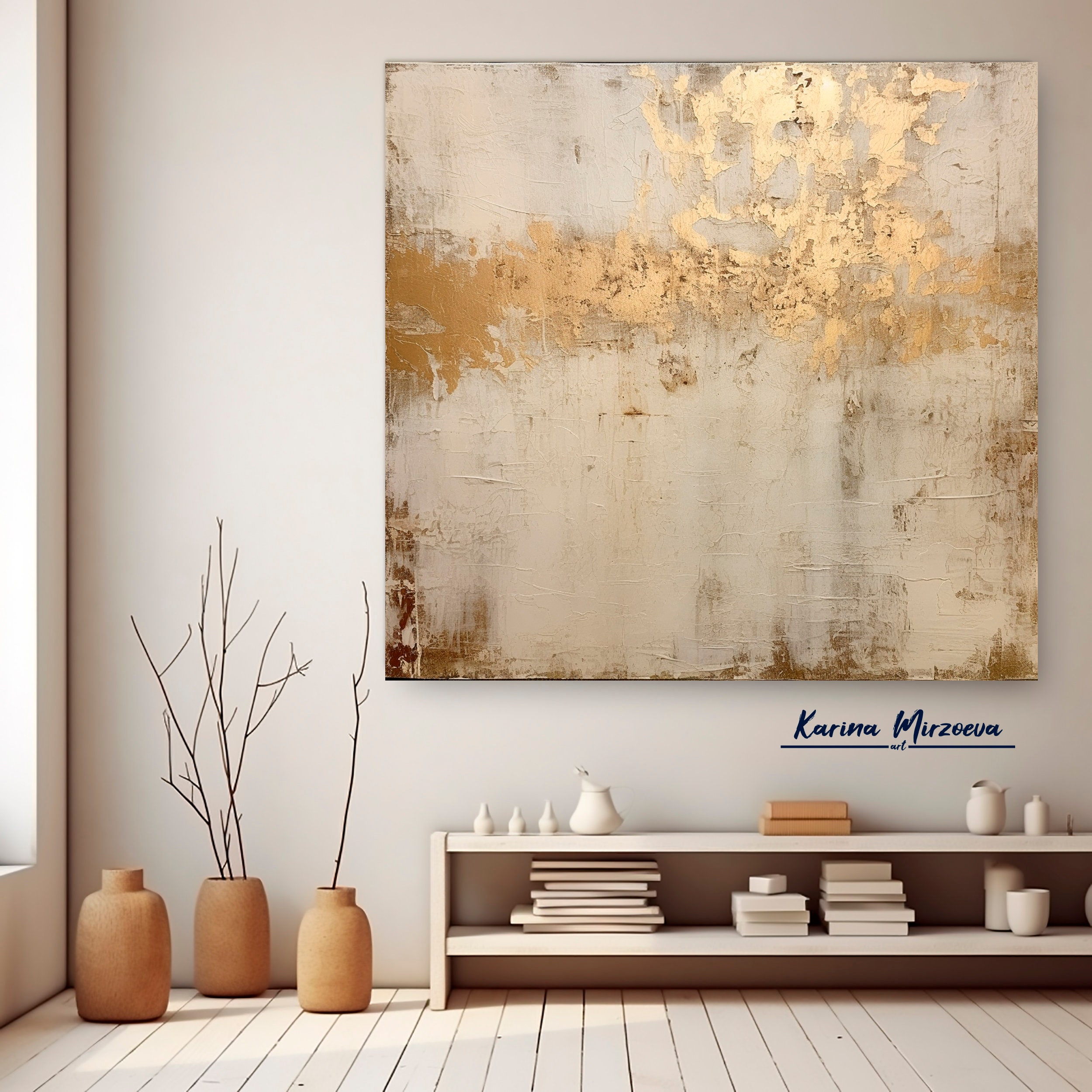 Textured Beige Abstract Painting: Gold Leaf Acrylic Canvas Art