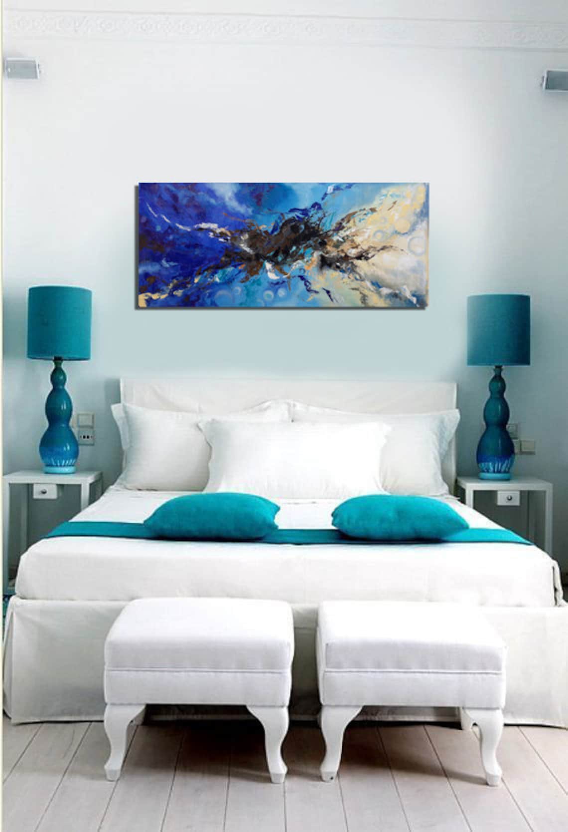 Long Narrow Horizontal Wall Artimpasto Painting Abstractnavy Etsy
