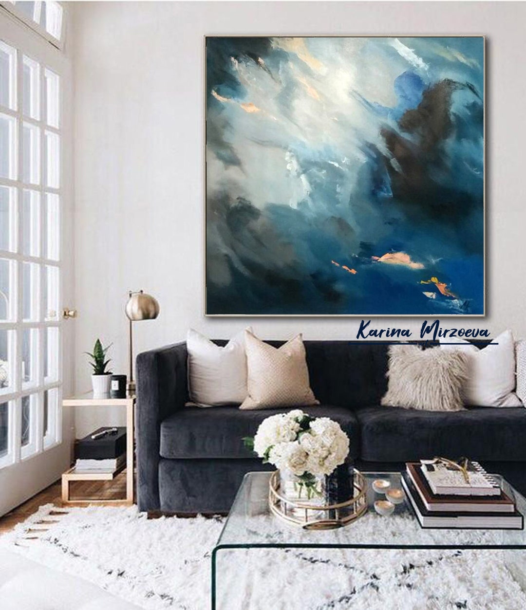 Original Navy Blue Modern Wall Art,extra Large Vertical Wall Art,blue