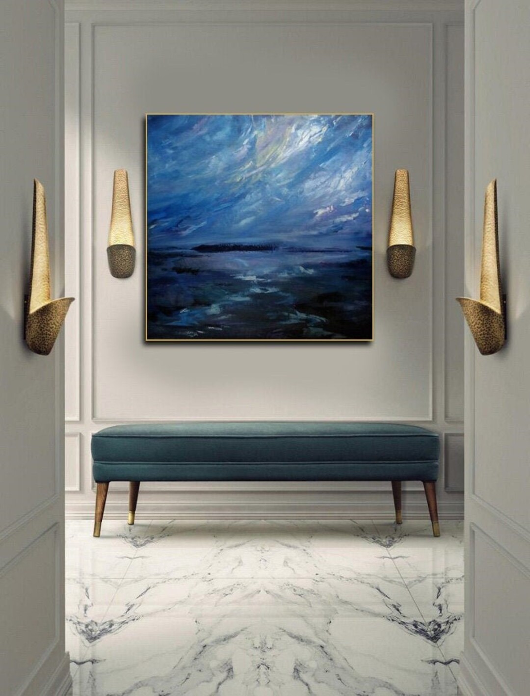 Seascape Art,extra Large Vertical Wall Art,coastal Artwork,navy Blue Painting,dark Wall Art on