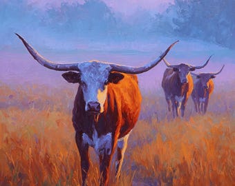 Texas Longhorn Cattle Sunrise Painting: Western Landscape Oil on Canvas 36x54