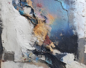 Textured Abstract Painting on Canvas: Earthy Neutrals, Blue Tones