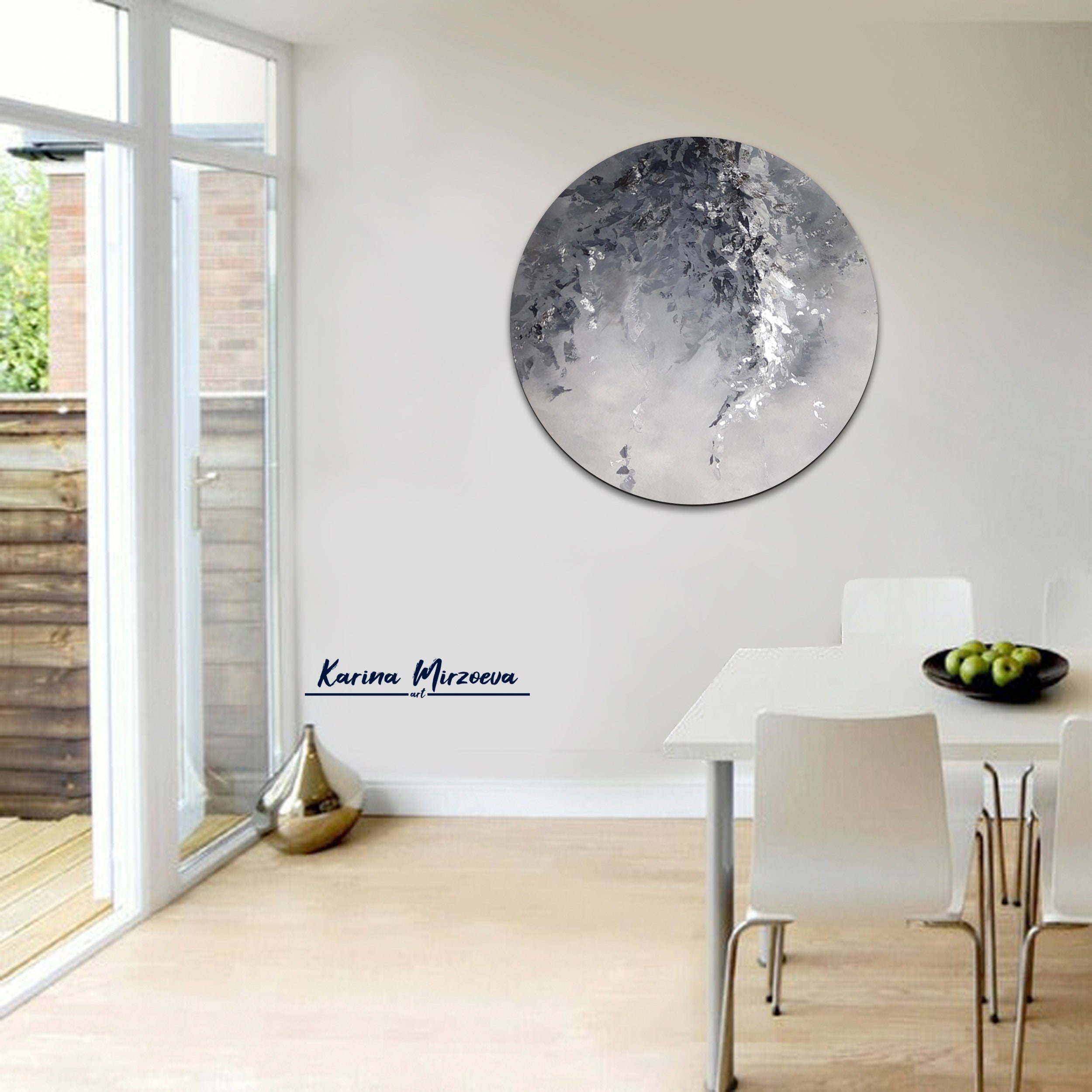 Round Wall Artcanvas Silver Painting Large Geometric Painting Etsy