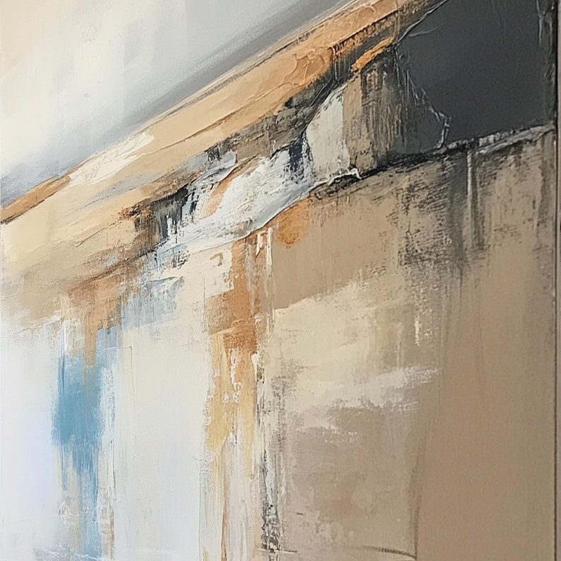 May include: Abstract painting with a textured surface. The artwork features a palette of neutral colors, including beige, gray, and white, with accents of blue and brown. The brushstrokes create a sense of depth and movement, evoking a landscape.