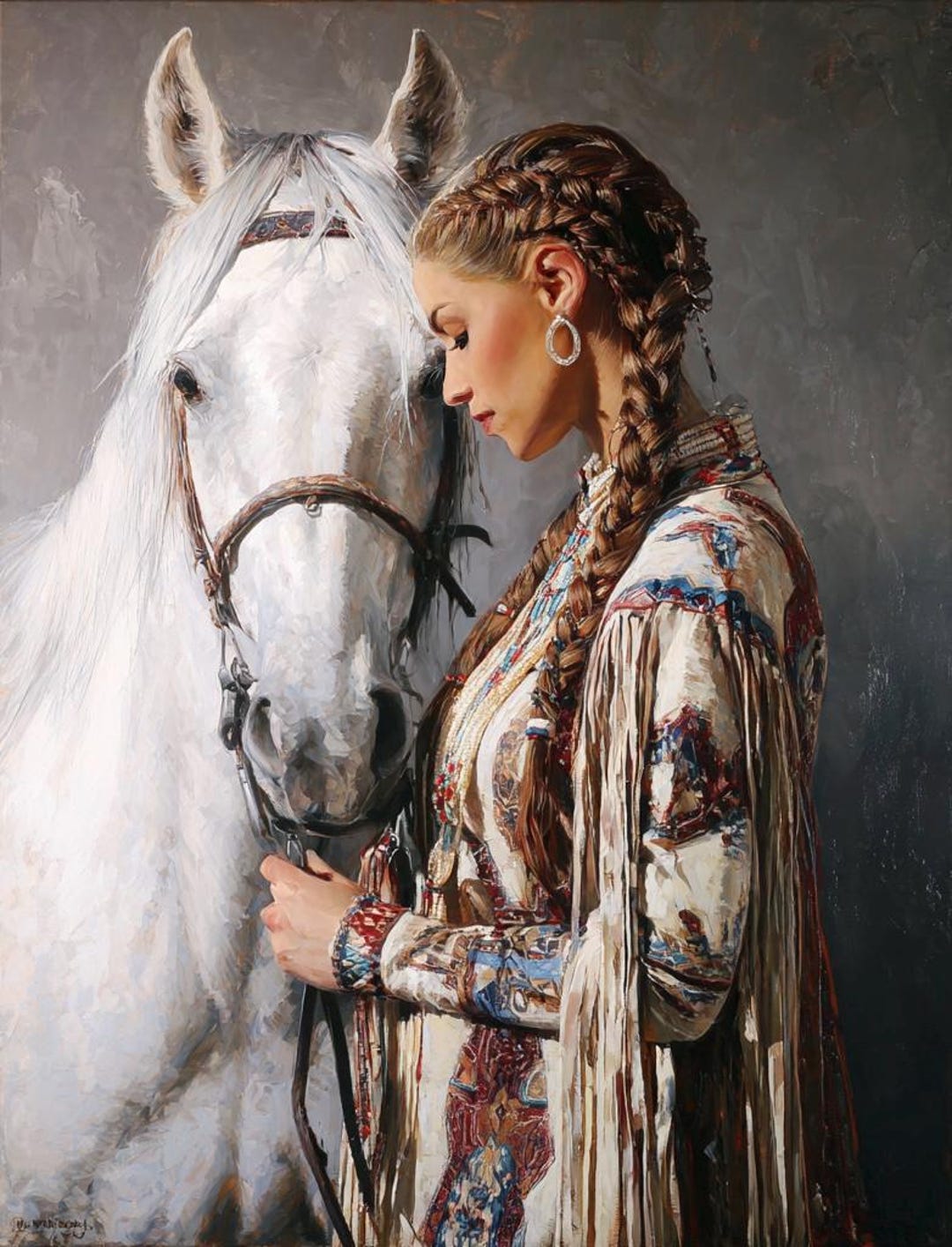 Native American Woman Oil Painting: Western Portrait, White Horse Art ...