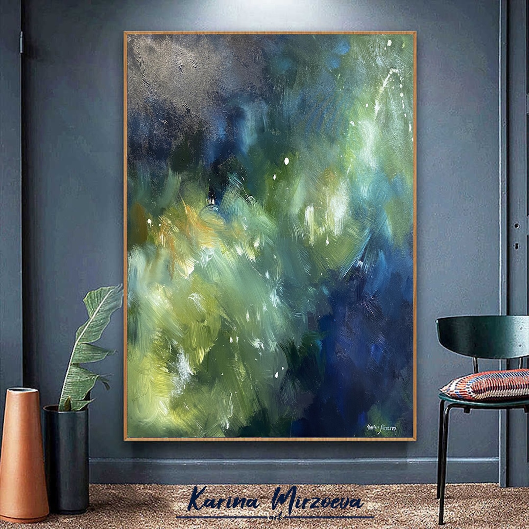 Blue Vertical Abstract Wall Art,original Colorful Painting,extra Large Wall Art Canvas,green Oil