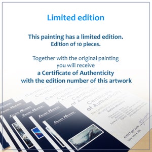 May include: Image of certificates of authenticity for a limited edition artwork. The certificates are dark blue with white text and feature a small image of the artwork. The text reads "Certificate of Authenticity" and includes the artist's signature.
