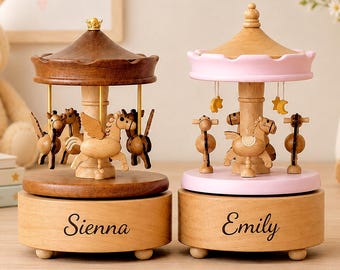 Personalized Wooden Carousel Music Box, Custom Name Baby Keepsake, Baby Shower Gift, Newborn Gift, First Birthday Gift, Nursery Decor