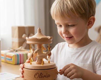 Engraved Music Wooden Box, Personalized Wooden Toy, Train Music Box, Wooden Carousel Toy, Gifts for Kids, Newborn, Carousel Baby Gift