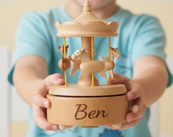 Personalized Wooden Music Box Gift, Handmade Carousel with Custom Name Engraving,Kids Birthday Gift, Nursery Keepsake,Birthday Gift for Kids