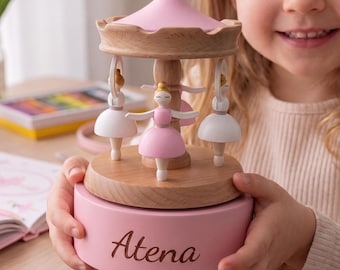 Personalized Wooden Carousel Music Box with Name, Musical Wooden Ballerina Carousel, Engraved Newborn Keepsake, Baptism Birthday Gift