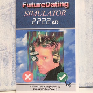 Simulador de FUTUREDATING 2222 d. C. - Revista de arte collage a todo color con temática de ciencia ficción y vaporwave. Amor verdadero, romántico y hermoso para siempre.