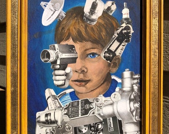 Little Craig / Original Mixed Media Collage / Repainting Vintage Painting Surrealism Retro Portrait Bio Mechanical Cyborg Dada 14.5”x 11.5”