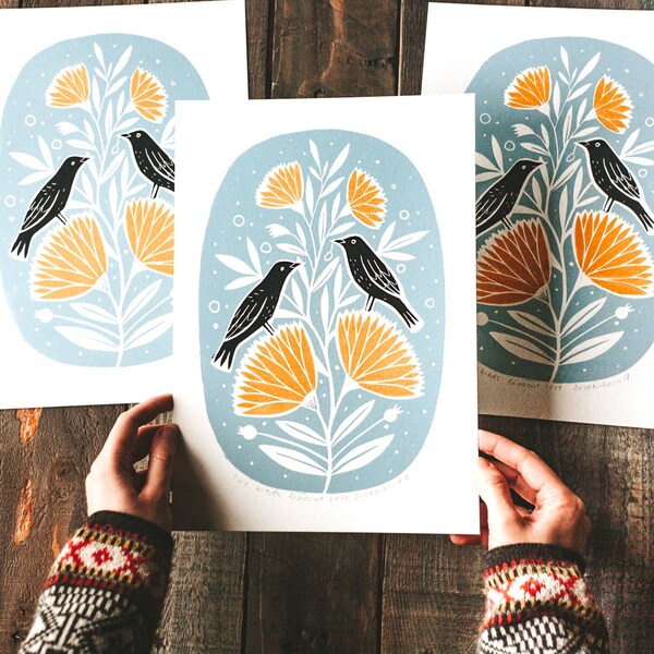 Original Linocut print "Two birds" Scandinavian folk art inspired, unframed wall poster, Limited edition, handmade by Alexandra Dvornikova