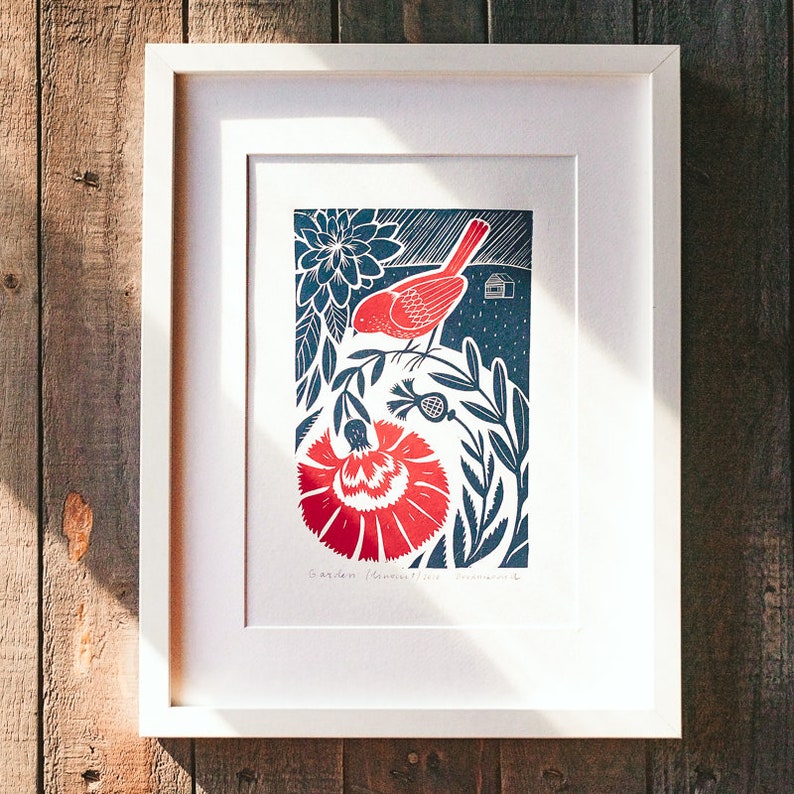 Original Linocut print Garden Scandinavian folk Etsy