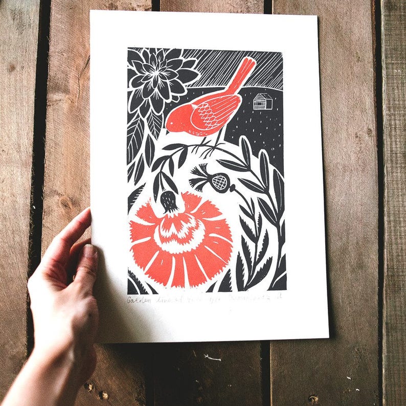 Original Linocut print Garden Scandinavian folk Etsy