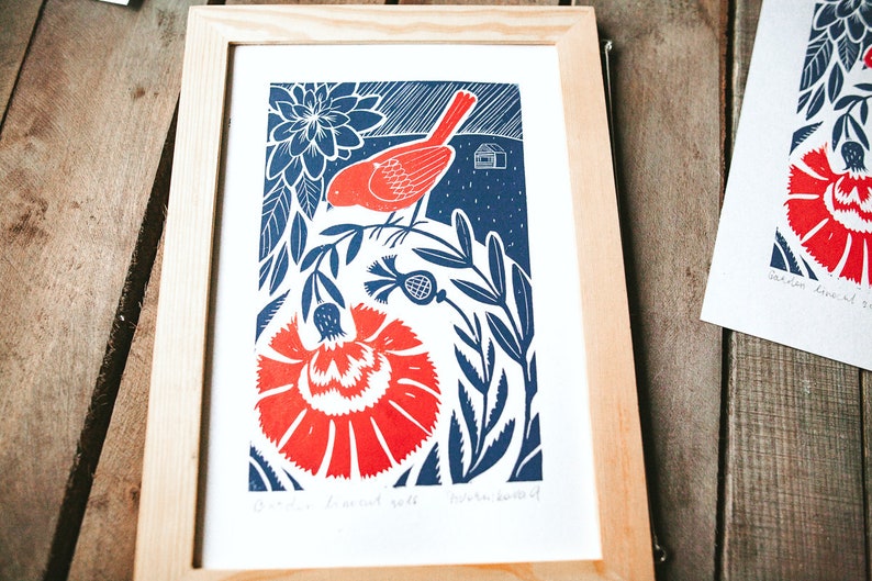 Original Linocut print Garden Scandinavian folk Etsy