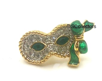 Swarovski Crystal Mask Tac Pin, Masquerade Mardi Gras Brooch, Vintage Gold Toned Jewelry, with Pouch