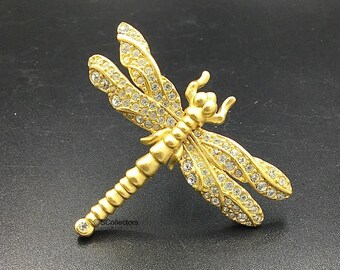 Swarovski Crystal Dragonfly Brooch, Insect Wings Pin, Vintage Gold Toned Jewelry