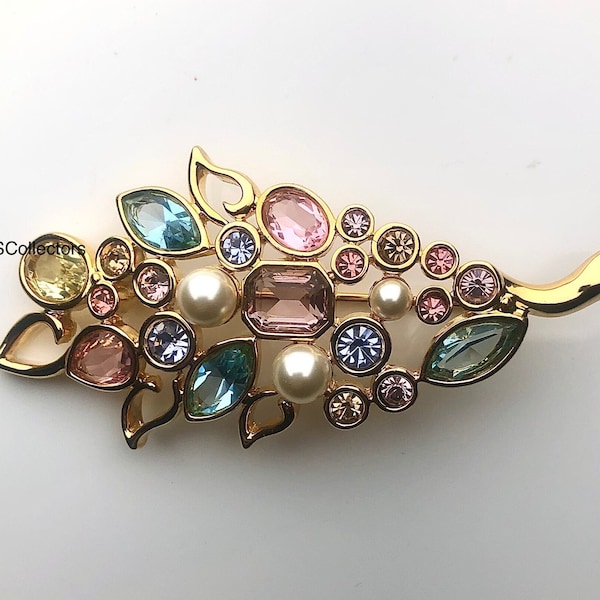 New Swarovski Crystal Leafy Branch Brooch, Floral Pin, Vintage Gold Tone Jewelry, with Tag