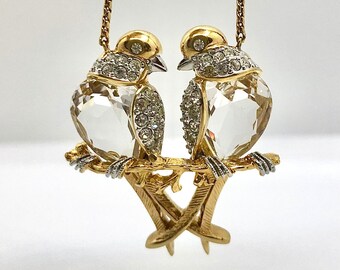 New Swarovski Crystal Lovebird Necklace, Bird Pendant, Vintage Animal Jewelry, New with Tag