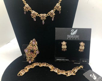 New Swarovski Crystal Jewelry Set, Vintage Purple Brooch Necklace Bracelet and Earrings, New with Tag
