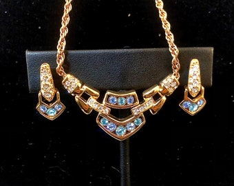 New Swarovski Crystal Jewelry Set, Blue Earrings, Vintage Gold Tone Jewelry, with Tag
