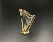Swarovski Crystal Harp Brooch, Gold Toned Vintage, Instrument Jewelry Pin