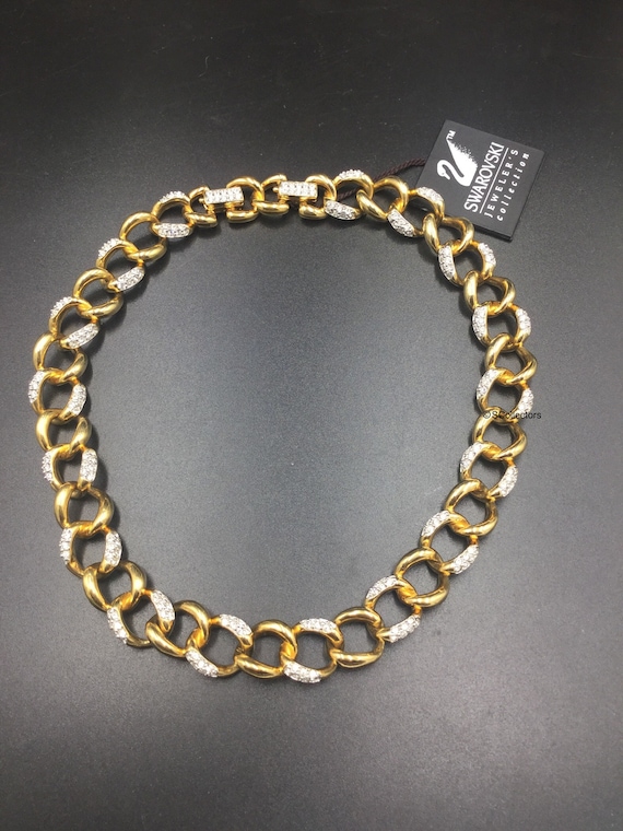 New Swarovski Crystal Chain Necklace, Vintage Gol… - image 3