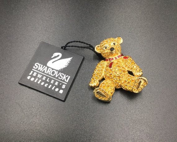 NEW Swarovski Crystal Teddy Bear Brooch, Topaz Color and Red