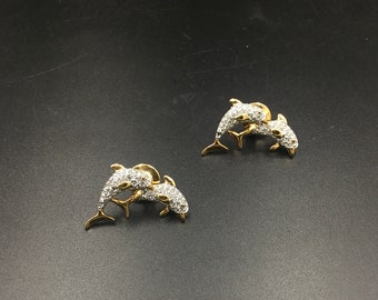 Swarovski Crystal Dolphin Tac Pin, Gold Tone Sea Marine Animal Brooch, Vintage Jewelry