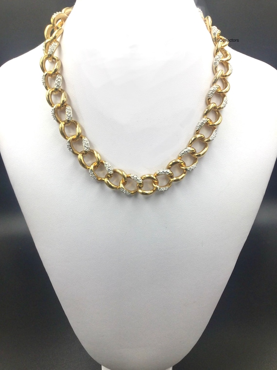 New Swarovski Crystal Chain Necklace, Vintage Gol… - image 1