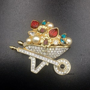 Swarovski Crystal Wheelbarrow Brooch, Rare Vintage Flower Bouquet Pearl Pin, Garden Floral Jewelry