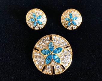 New Swarovski Crystal Sand Dollar Brooch, Ocean Earrings, Vintage Gold Tone Jewelry, with Tag