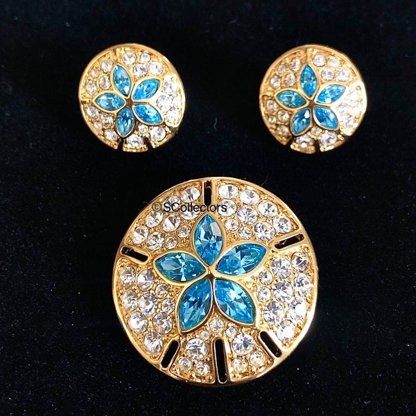 New Swarovski Crystal Sand Dollar Brooch, Ocean Earrings, Vintage Gold Tone Jewelry, with Tag