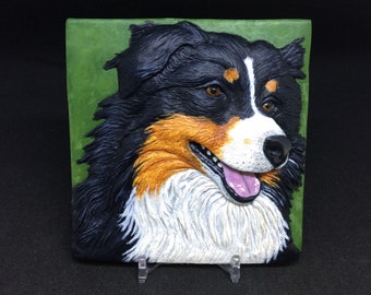 Aussie the Australian Shepherd ~ Handmade/Hand Painted Relief Wall Sculpture in Polymer Clay