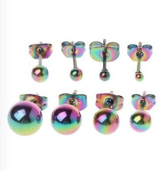 3 PCS Stainless Steel Cartilage Earrings w// Abalone Shell Purple Rainbow /& Blue