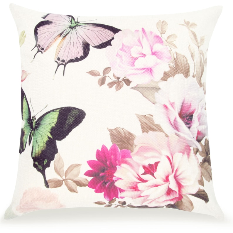 Flower Square 18x18 Pink Flower with Pink and Green Butterfly Pillow Cover