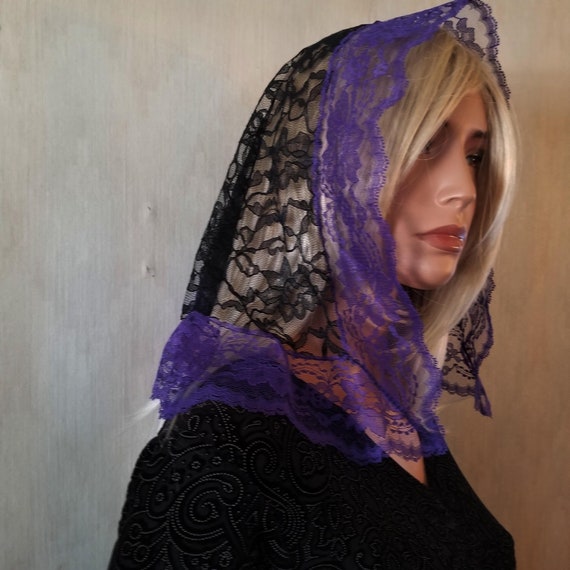 D Shape Black Lace With Dark Purple Trim Chapel Veil For Lent Mourning Catholic Mantilla Free Shipping The Veiled Woman
