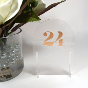 Standup Dome Wedding Table Numbers in Clear Acrylic Plastic with Gold Numbers
